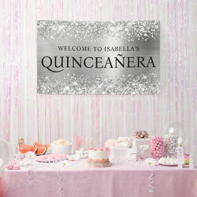 Lona Bienvenida a Quinceanera All Caps, Relieve metaliz (Fiesta)