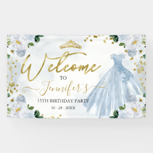 Lona Bienvenida a Quinceañera con flores azules polvori