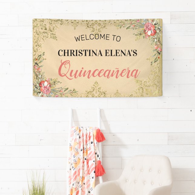 Lona Bienvenida a Quinceanera de la Floral de oro clási (In situ)