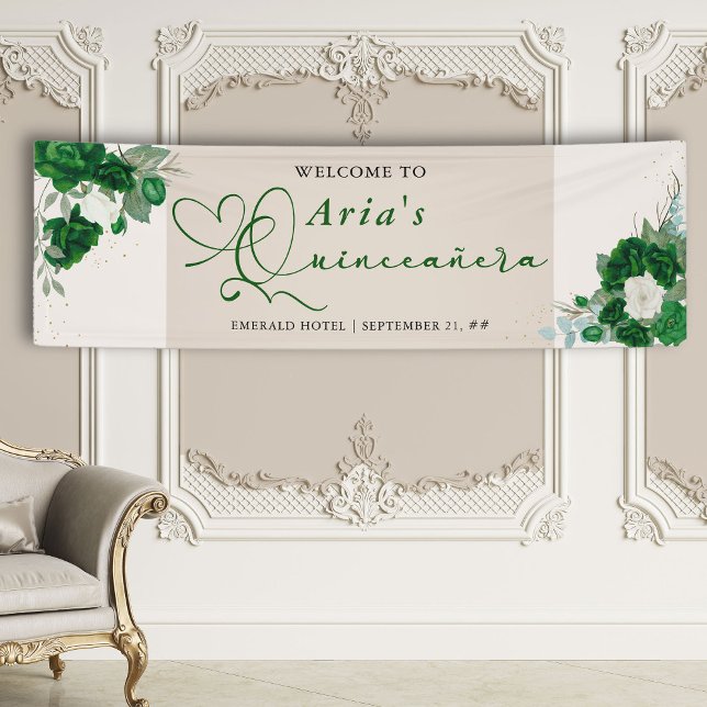 Lona Bienvenida a Quinceanera Floral de Rosas verdes de (Quinceanera Banner from the Royal Rose Emerald Green Quinceanera Collection by Darling & May)