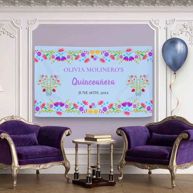 Lona Bienvenida a Quinceanera Mexicana Floral Luz Azul (Subido por el creador)