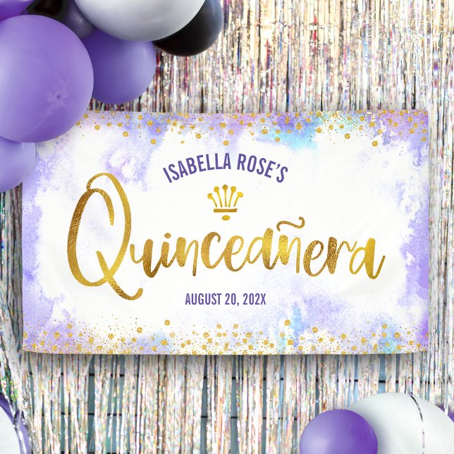 Lona Bienvenida a Quinceañera Purple Watercolor Gold Sc (Subido por el creador)