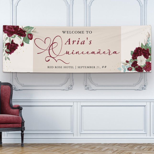 Lona Bienvenida a Quinceanera, Rosa floral de marfil ro (Quinceanera welcome banner with sweet calligraphy and burgundy red rose blooms)