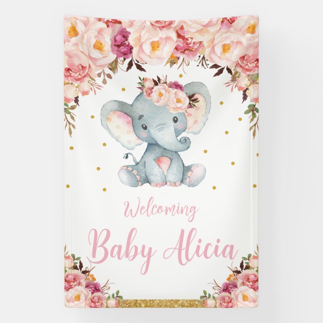 Lona Bienvenida a Rubor Peach Floral Elephant Baby Show (Vertical)