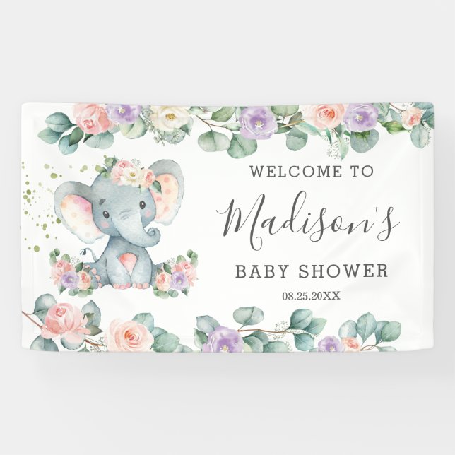 Lona Bienvenida a Rubor Purple Floral Elephant Baby Sho (Horizontal)