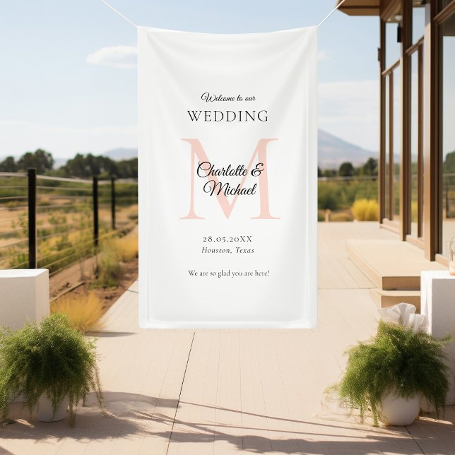 Lona Bienvenida a un Boda de monograma mínimo moderno (Modern, Minimal, Monogram, Luxury, White-Brown, Wedding Welcome Banner.)