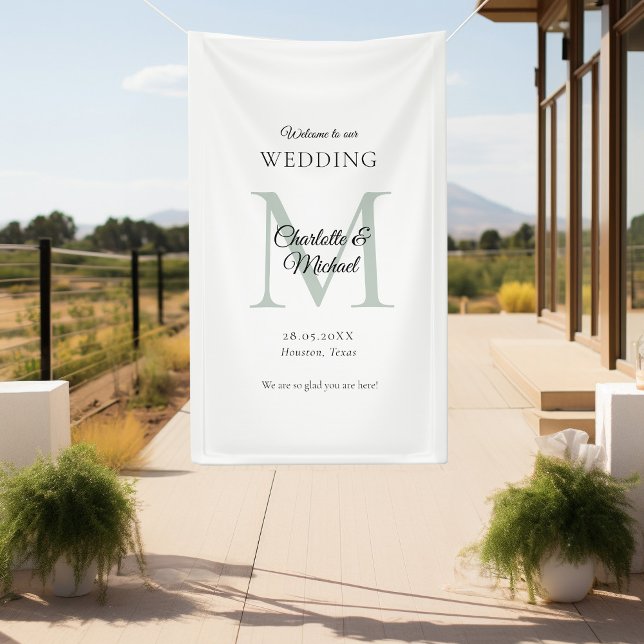 Lona Bienvenida a un Boda de monograma mínimo moderno (Modern, Minimal, Monogram, Luxury, White-Green, Wedding Welcome Banner.)
