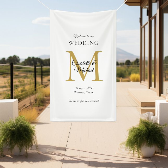 Lona Bienvenida a un Boda de monograma mínimo moderno (Modern, Minimal, Monogram, Luxury, Beige-Gold, Wedding Welcome Banner.)