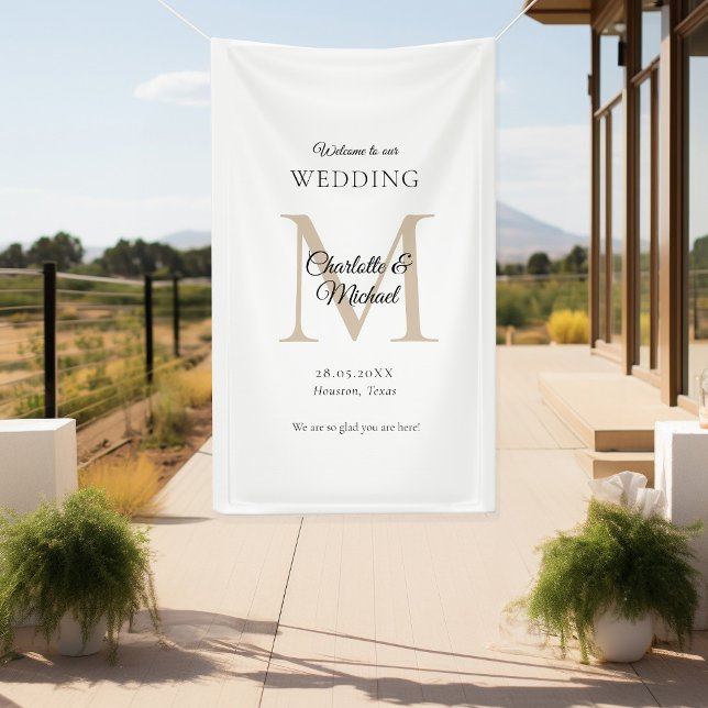 Lona Bienvenida a un Boda de monograma mínimo moderno (Modern, Minimal, Monogram, Luxury, White-Brown, Wedding Welcome Banner.)