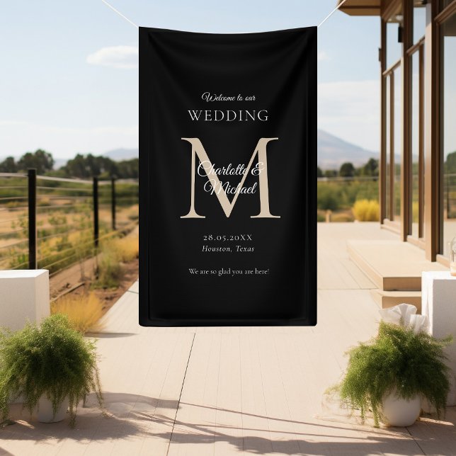 Lona Bienvenida a un Boda de monograma mínimo moderno (Modern, Minimal, Monogram, Luxury, Black-Beige, Wedding Welcome Banner.)