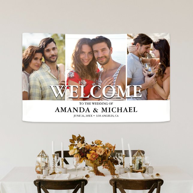 Lona Bienvenida a un Boda fotográfico moderno (Add warmth and elegance to your big day with our personalized photo wedding banner!)