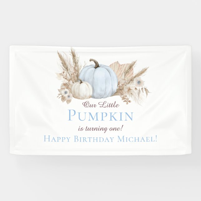 Lona Bienvenida al 1er Cumpleaños de Boho Blue Pumpkin (Horizontal)
