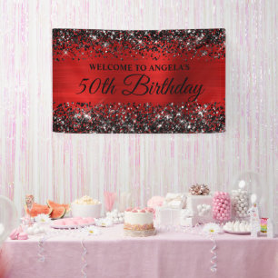 Lona Bienvenida al 50 cumpleaños con Glitter Negro y Ho