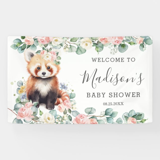 Lona Bienvenida al Baby Shower de Panda Rojo con Flores (Horizontal)