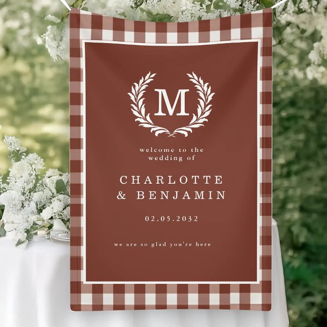 Lona Bienvenida al Boda Escudo Brown Gingham Monogram (Brown Gingham Monogram Crest Wedding Welcome Banner)