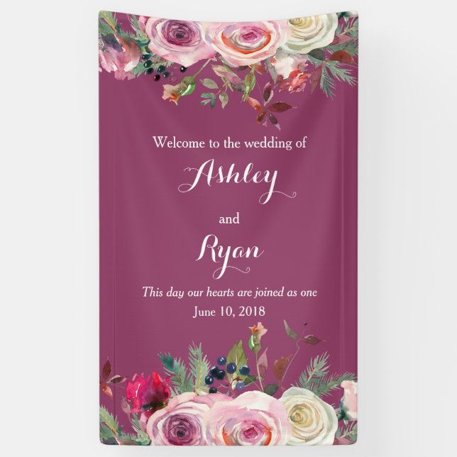 Lona Bienvenida al Boda Purple Pink Rose Floral (Vertical)