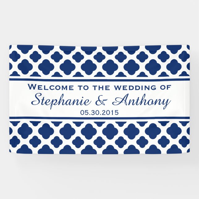 Lona Bienvenida al Boda Royal Blue Quatrefoil (Horizontal)