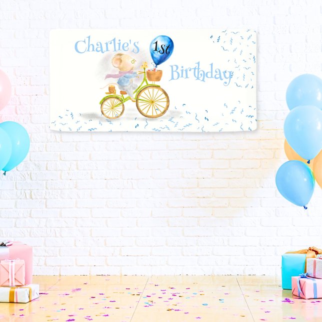 Lona Bienvenida al chico animal del ratón lindo Primer  (Cute Mouse Animal Riding Vintage Bicycle & 1st Birthday Party Balloon, party Banner Welcome Sign)