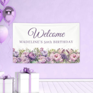 Lona Bienvenida al cumpleaños 50 con flores rosadas y p