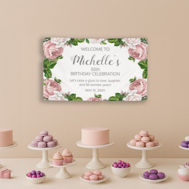 Lona Bienvenida al cumpleaños número 50 con flores vint (Elegant blush pink vintage floral 50th birthday banner)