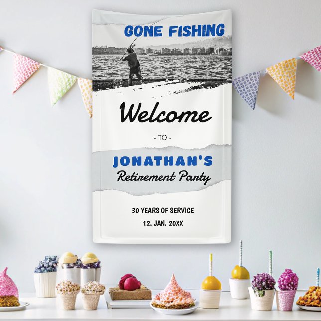 Lona Bienvenida al Fiesta de Jubilación de Pescado Senc (Simple Gone Fishing Retirement Party Welcome Banner)