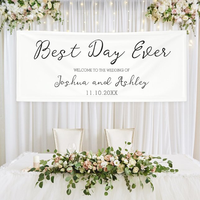 Lona Bienvenida al mejor día de la historia del guión b (Best Day Ever Script White Simple Wedding Welcome Banner
)