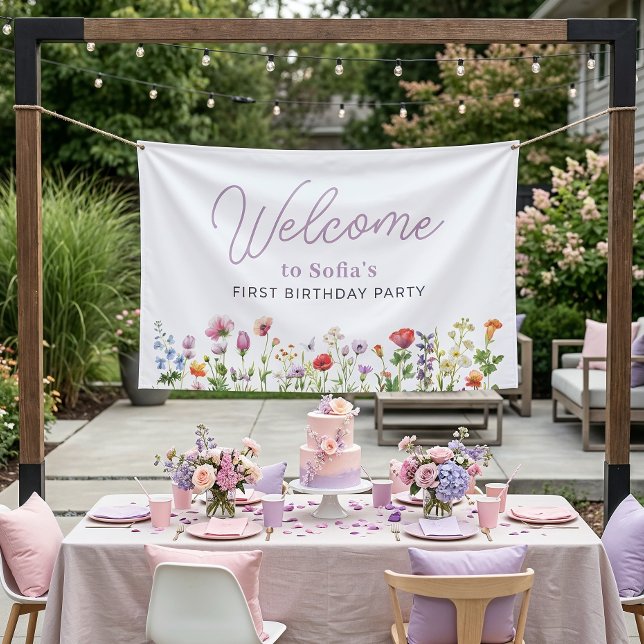 Lona Bienvenida al Primer Cumpleaños Floral de Flores S (Personalize with your little girl's name and choose indoor or outdoor, and size.)