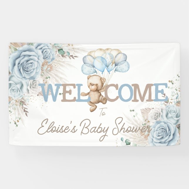 Lona Bienvenida Baby Shower Boho Blue Floral Pampas Bea (Horizontal)