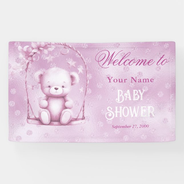 Lona Bienvenida Baby Shower de Pink Teddy Bear (Horizontal)