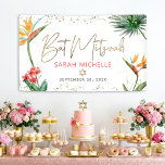 Lona Bienvenida Bat Mitzvah de Hoja de Palma Tropical e<br><div class="desc">¡Siéntete orgulloso, regocíjate y muestra este hito de tu Bat Mitzvah favorita! Cuelga esta impresionante, moderna y elegante pancarta personalizada para agregar a su día especial. Aves de paraíso con flores, escritura a mano con falso dorado, Estrella de David y puntos brillantes de colores tropicales y acuarela, junto con un...</div>