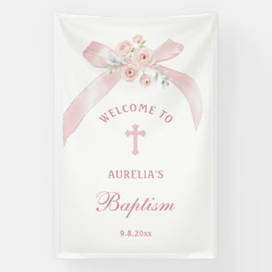 Lona Bienvenida Bautizo Lazo Rosa Floral