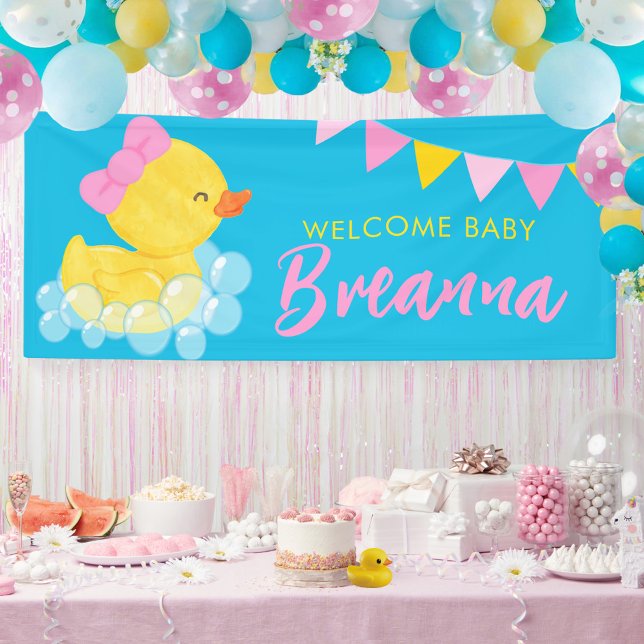 Lona Bienvenida Bebé Gran Chica Duque de goma Baby Show (Large Girl Rubber Duck Welcome Baby Hanging Vinyl Baby Shower Banner in Blue)