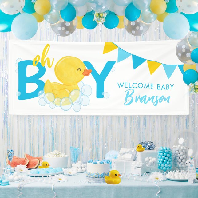 Lona Bienvenida Bebé Nombre niño Pato de goma Baby Show (Oh Boy Welcome Baby Name Rubber Duck Hanging Vinyl Baby Shower Banner)