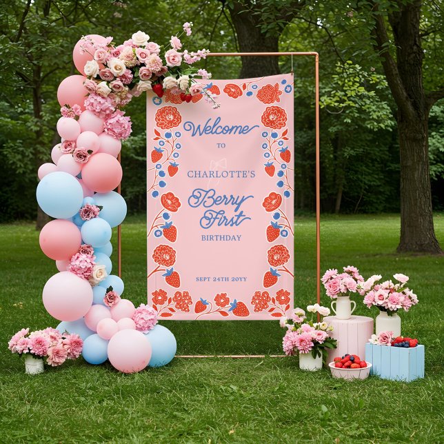 Lona Bienvenida Berry First Birday Floral Strawberry (Berry First Birthday Floral Strawberry Welcome Banner)