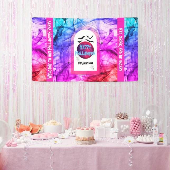 Lona Bienvenida Black Purple Full Moon Bats Happy Hallo (Fiesta)