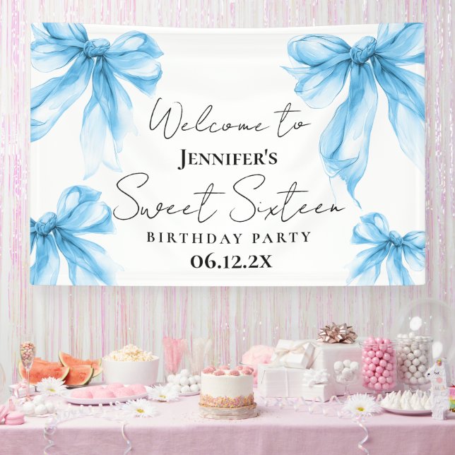 Lona Bienvenida Blue Bow Coquette Script Sweet 16  (Fiesta)