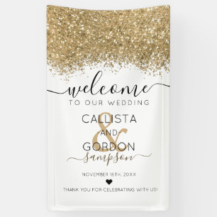 Lona Bienvenida Boda Confetti, Purpurina blanco de oro 