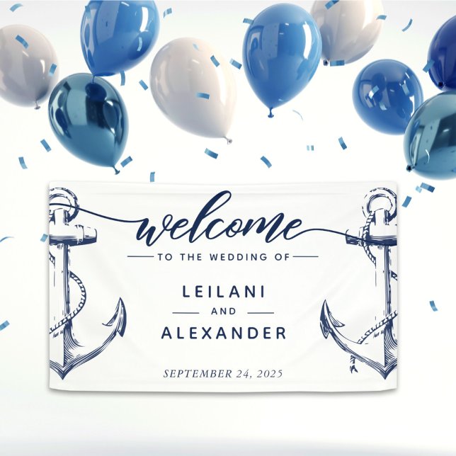 Lona Bienvenida Boda de Ancla Náutica Blanco (Nautical welcome wedding banner perfect for the ocean lover bride and groom. )