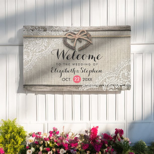 Lona Bienvenida Boda de Burlap Lace de Rustic Wood Hors