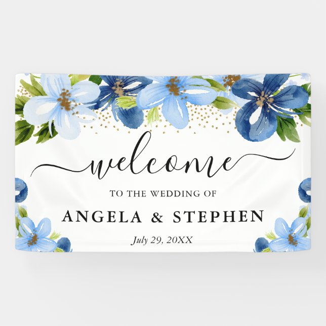 Lona Bienvenida Boda de Flores Azules y Navales (Horizontal)