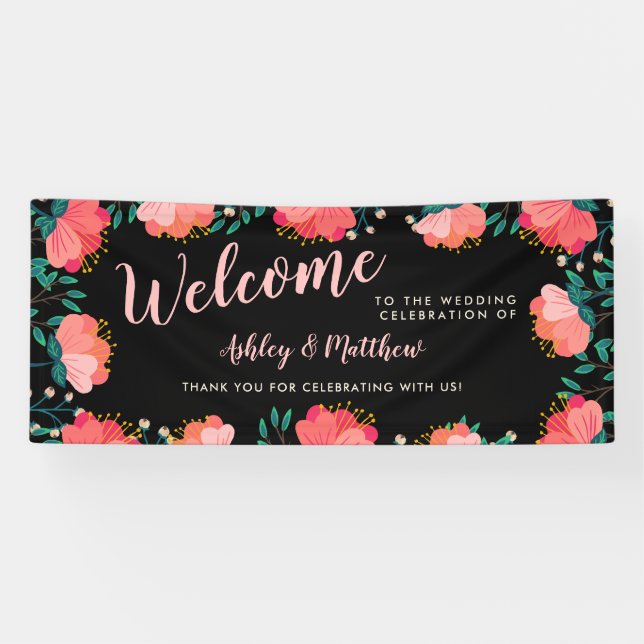 Lona Bienvenida Boda de las flores rosadas románticas (Horizontal)