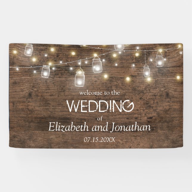 Lona Bienvenida Boda de Rustic Mason Jar String Lights (Horizontal)