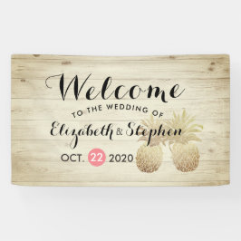 Lona Bienvenida boda Dorado Pineapple Pareja Madera Rús