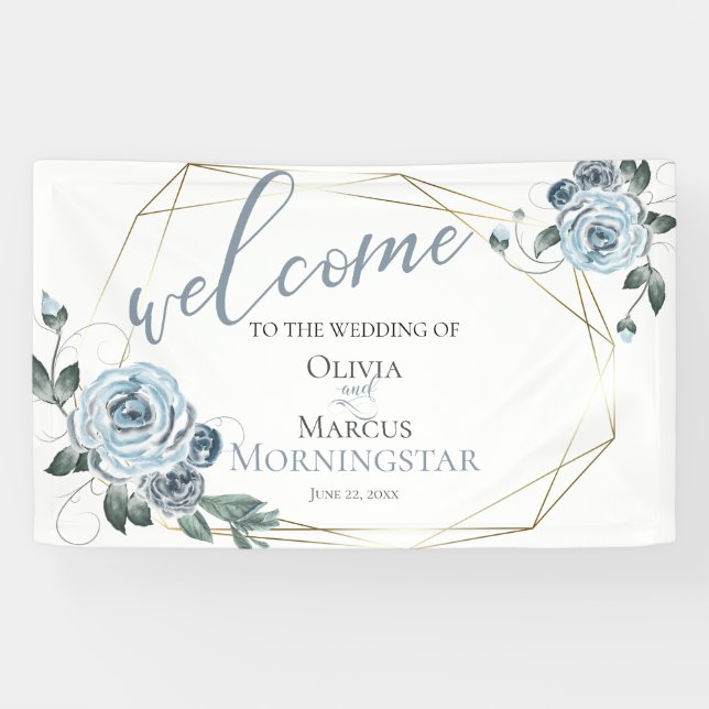 Lona Bienvenida Boda Dusty Blue Floral (Horizontal)