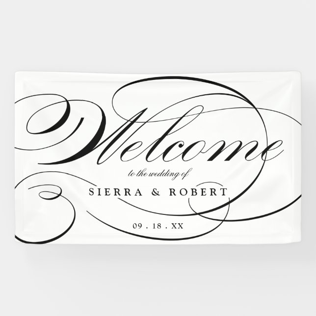 Lona Bienvenida boda Elegante Guión Negro y Blanco (Horizontal)