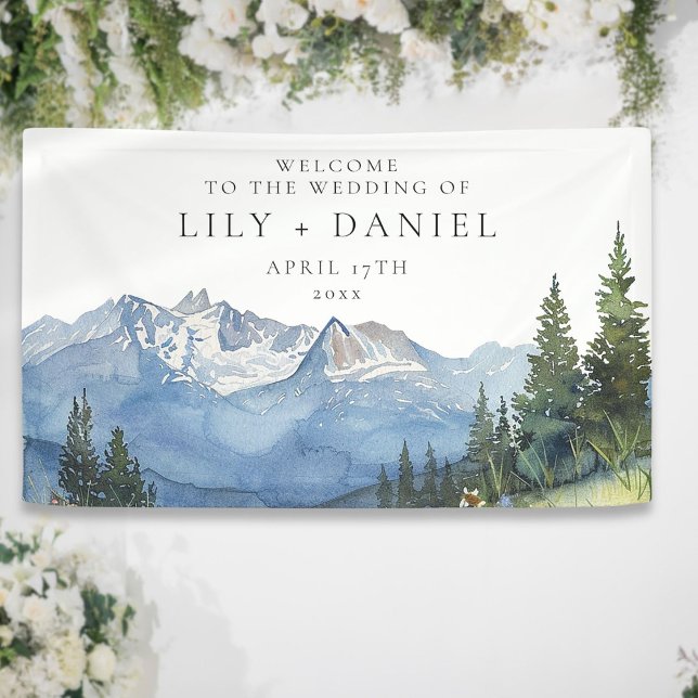 Lona Bienvenida boda floral de montaña en acuarela (Watercolor Mountain Floral Wedding Welcome Banner)