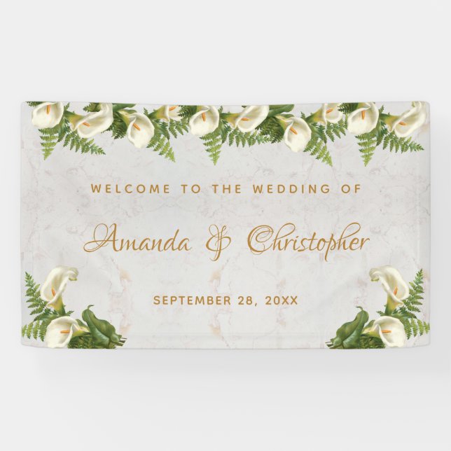 Lona Bienvenida boda Floral White Calla Lilies Marble (Horizontal)