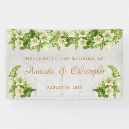 Lona Bienvenida Boda Floral White Lilies Marble Script