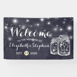 Lona Bienvenida boda Mason Jars String Lights Navy Blue