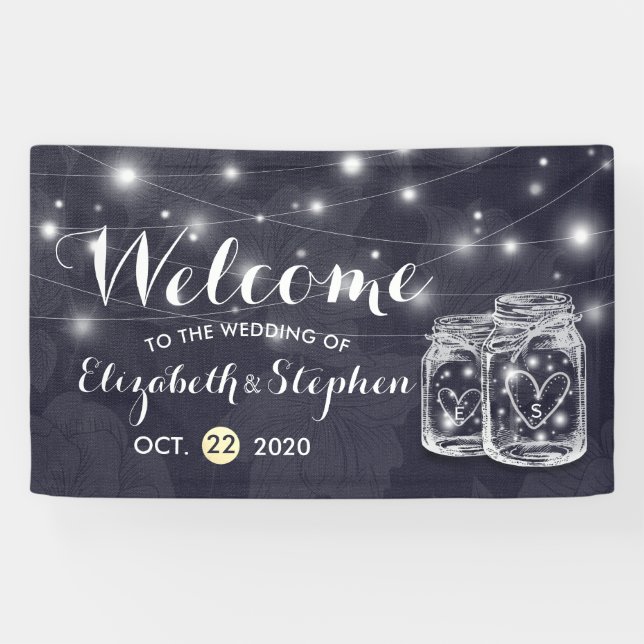 Lona Bienvenida boda Mason Jars String Lights Navy Blue (Horizontal)